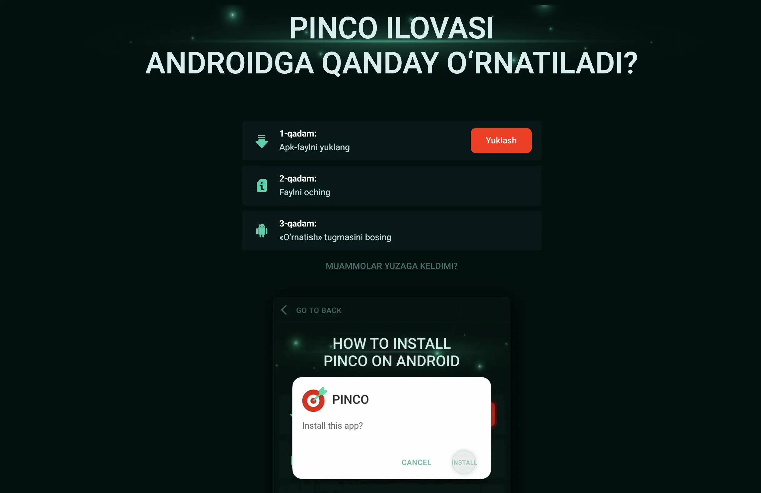 Pinco ilovasini Androidga o'rnatish: APK yuklash va o'rnatish