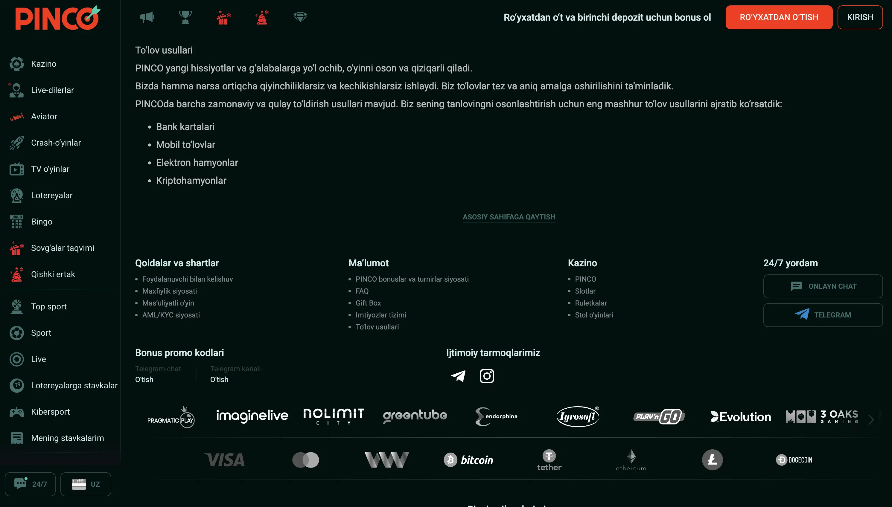 Pinco to'lov usullari — kartalar, mobil to'lov va kriptovalyuta