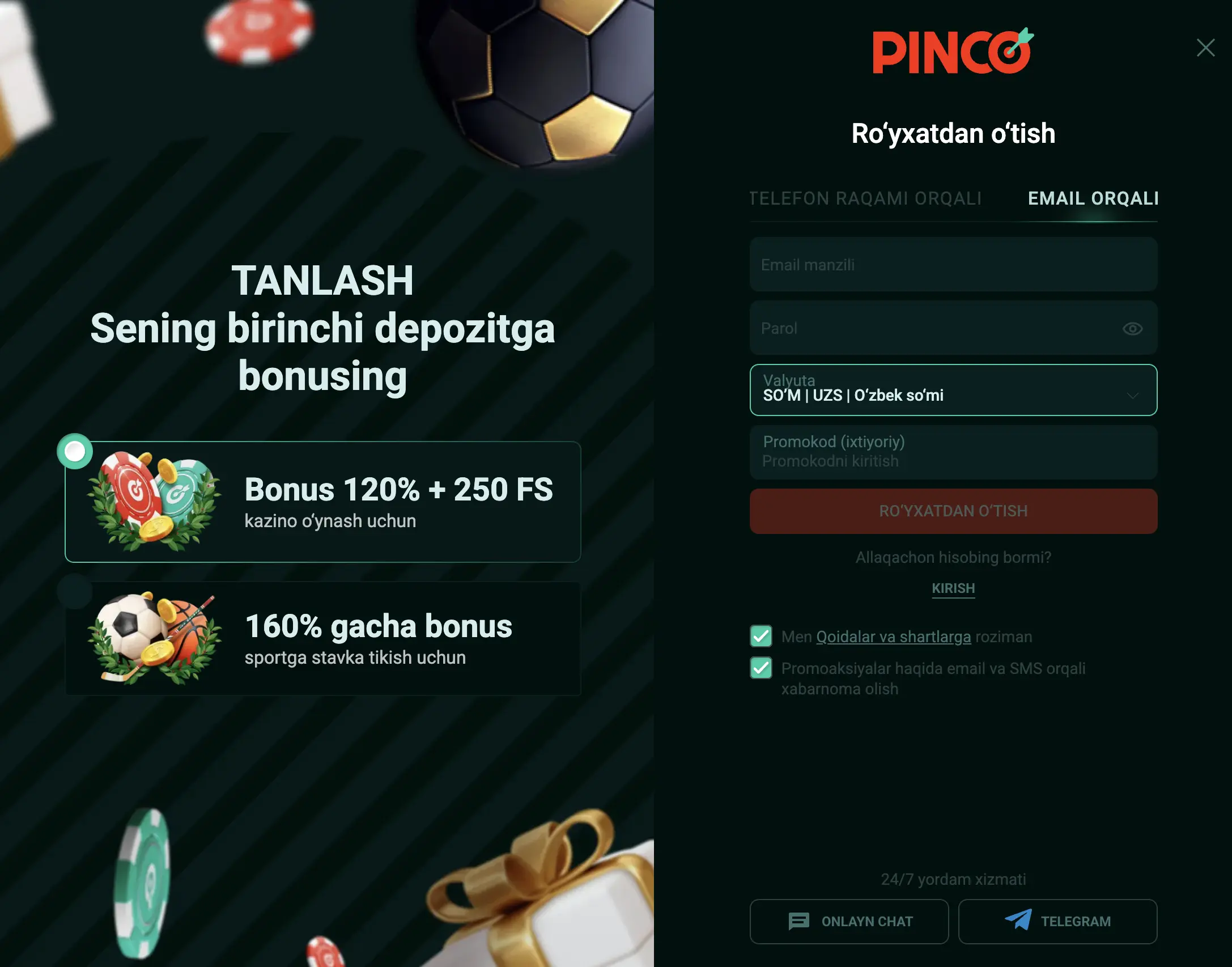 Pinco shaxsiy kabinetda ro'yxatdan o'tish formasi